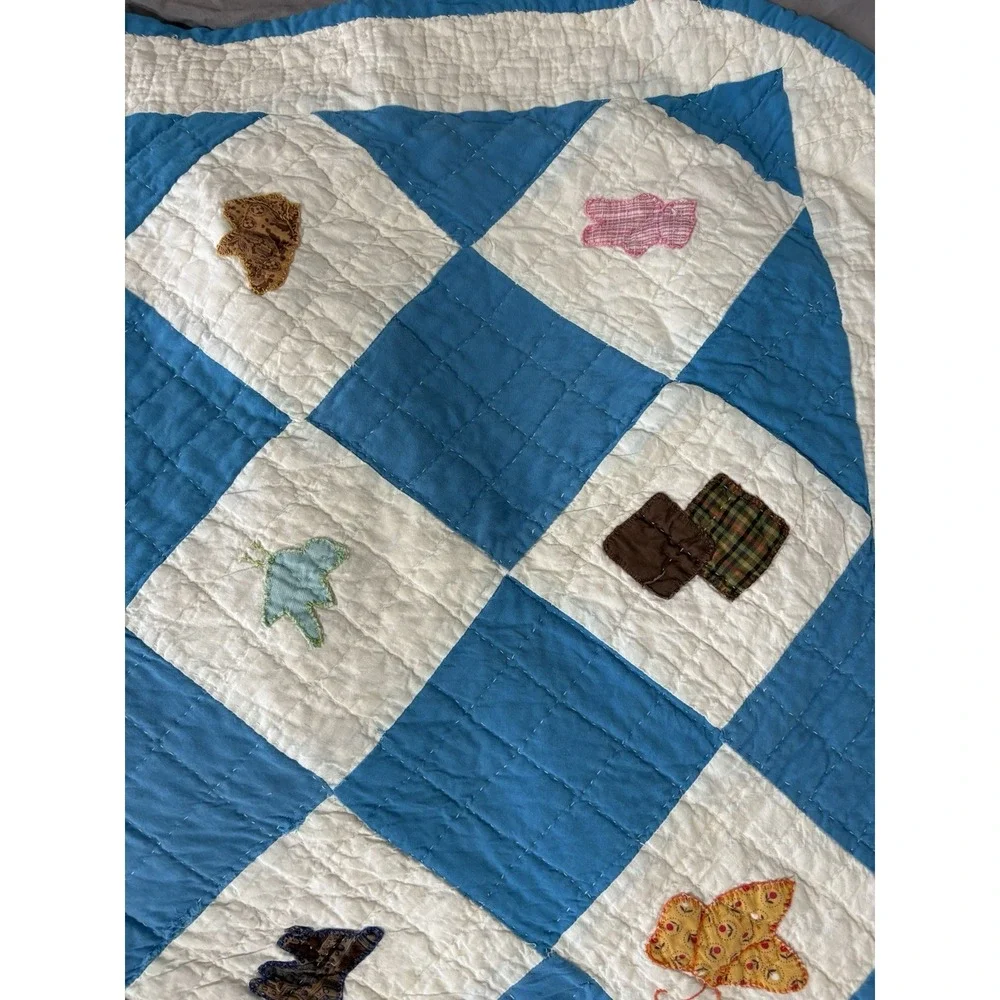 Antique Cotton Patchwork‎ Quilt Blue White Handmade Square Blocks 48